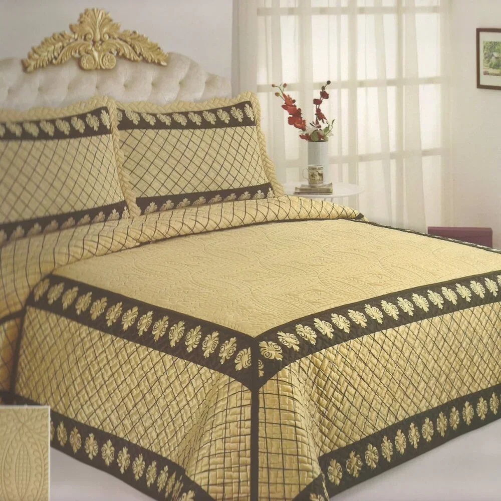 Damascus - Luxury Plush Quilted Bedspread with 3D Embroidery Vintage Royal Gold